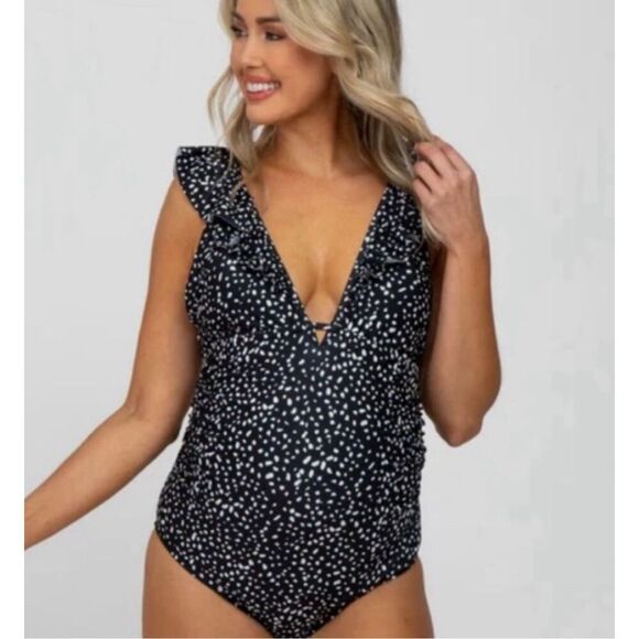 Pinkblush Black Animal Print Ruffle Maternity One-Piece Swimsuit Nwot Size Small - Picture 2 of 8